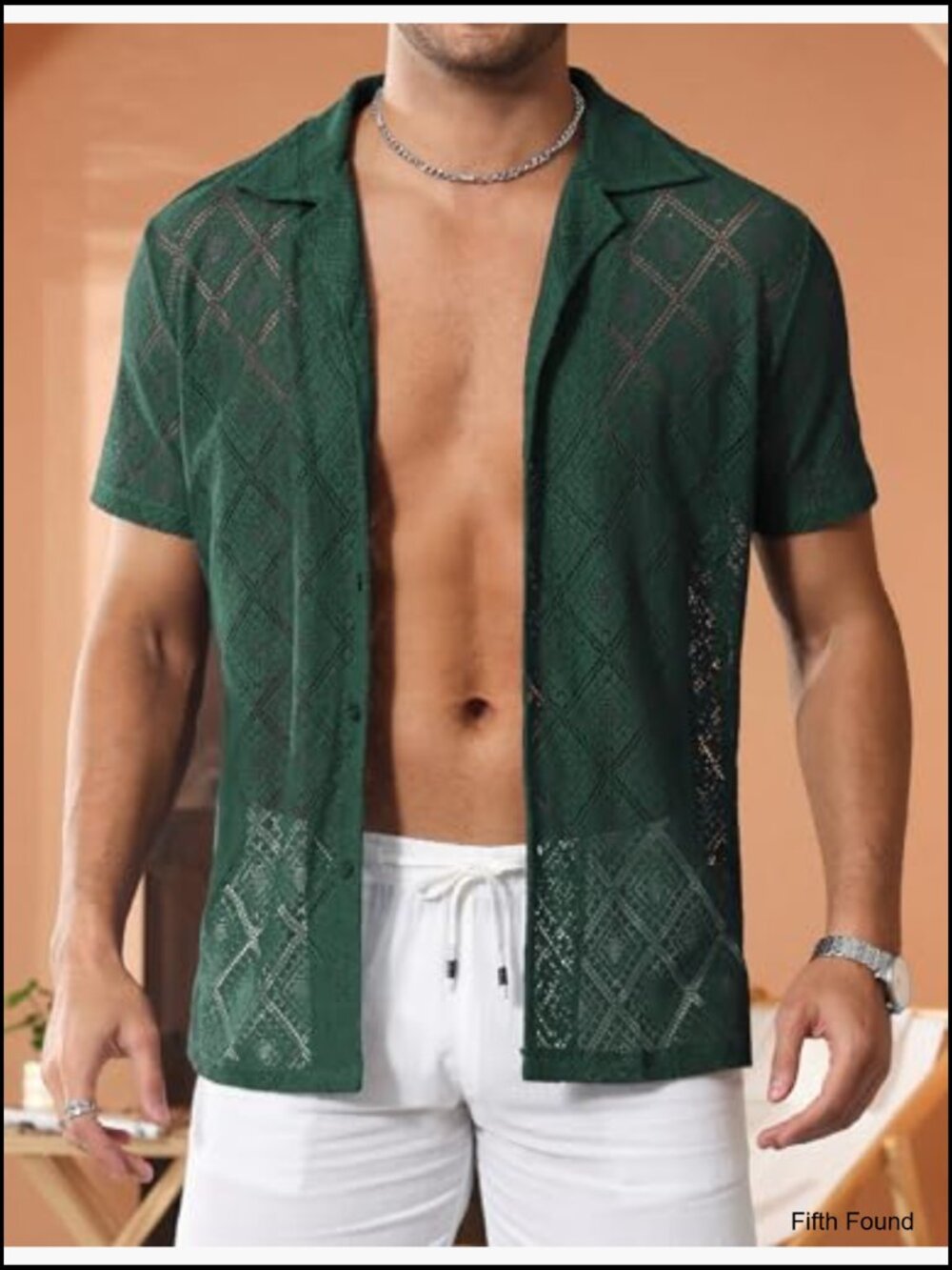 Men's Sheer Lace Button Down Shirt Hollow Out Short Sleeve Casual Beach Shirt - Picture 3 of 7